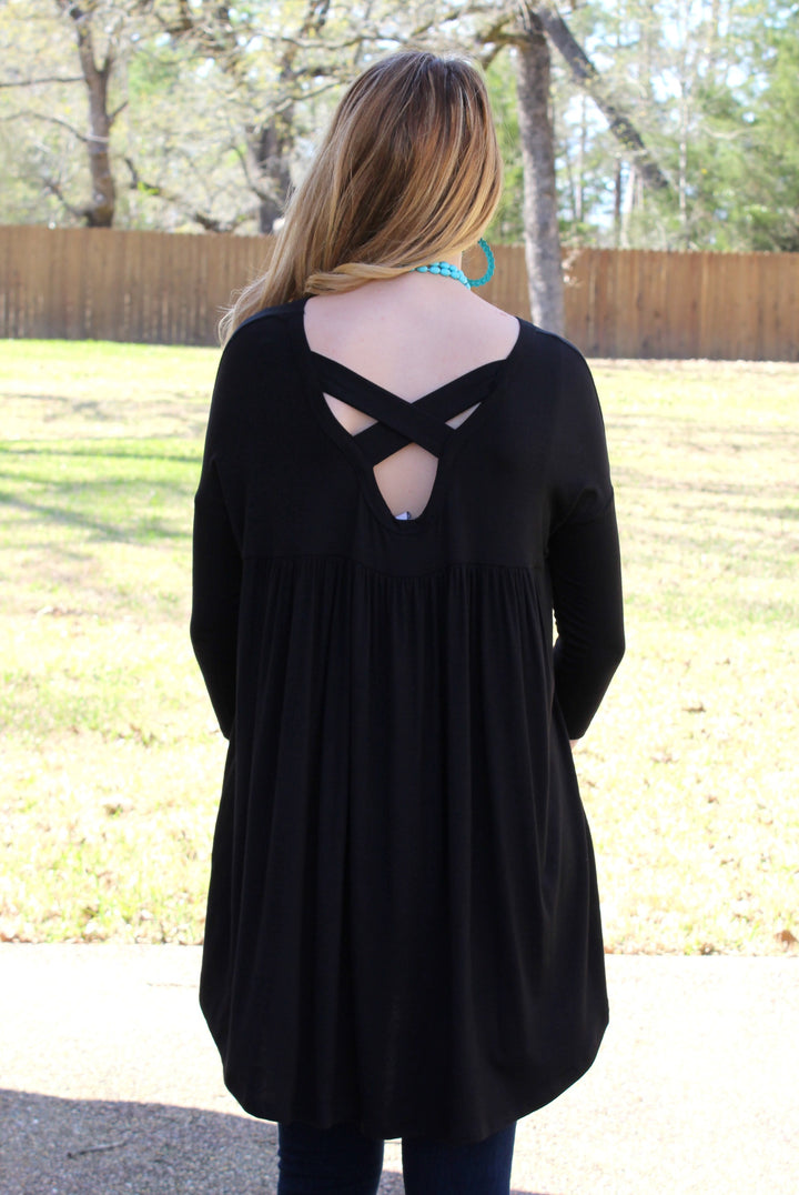 Last Chance Size Small | Casual Love Tunic Top with Criss Cross Back Detail in Black - Giddy Up Glamour Boutique
