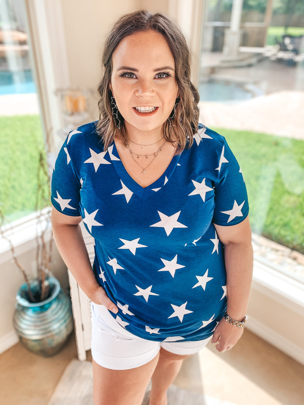 Last Chance Size S & M | Keep Things Simple Star Print V Neck Tee in Navy - Giddy Up Glamour Boutique