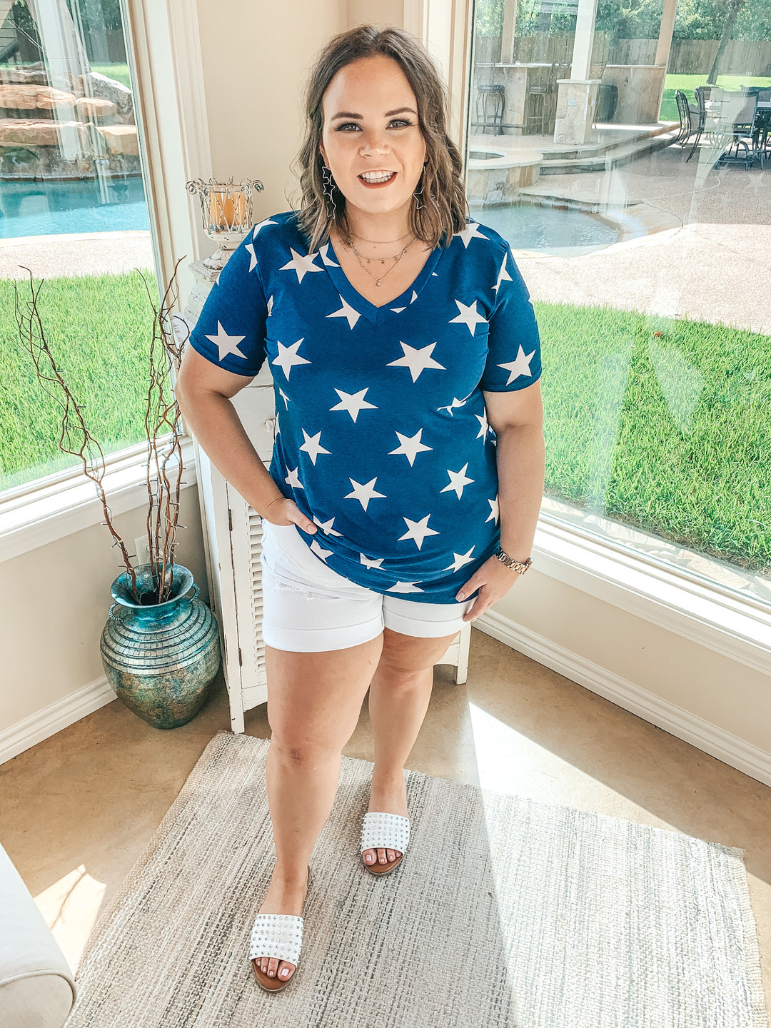 Last Chance Size S & M | Keep Things Simple Star Print V Neck Tee in Navy - Giddy Up Glamour Boutique