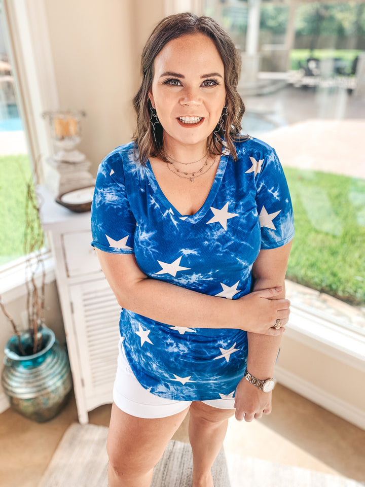 Stars in My Eyes Tie Dye V Neck Tee Shirt with Stars in Royal Blue - Giddy Up Glamour Boutique