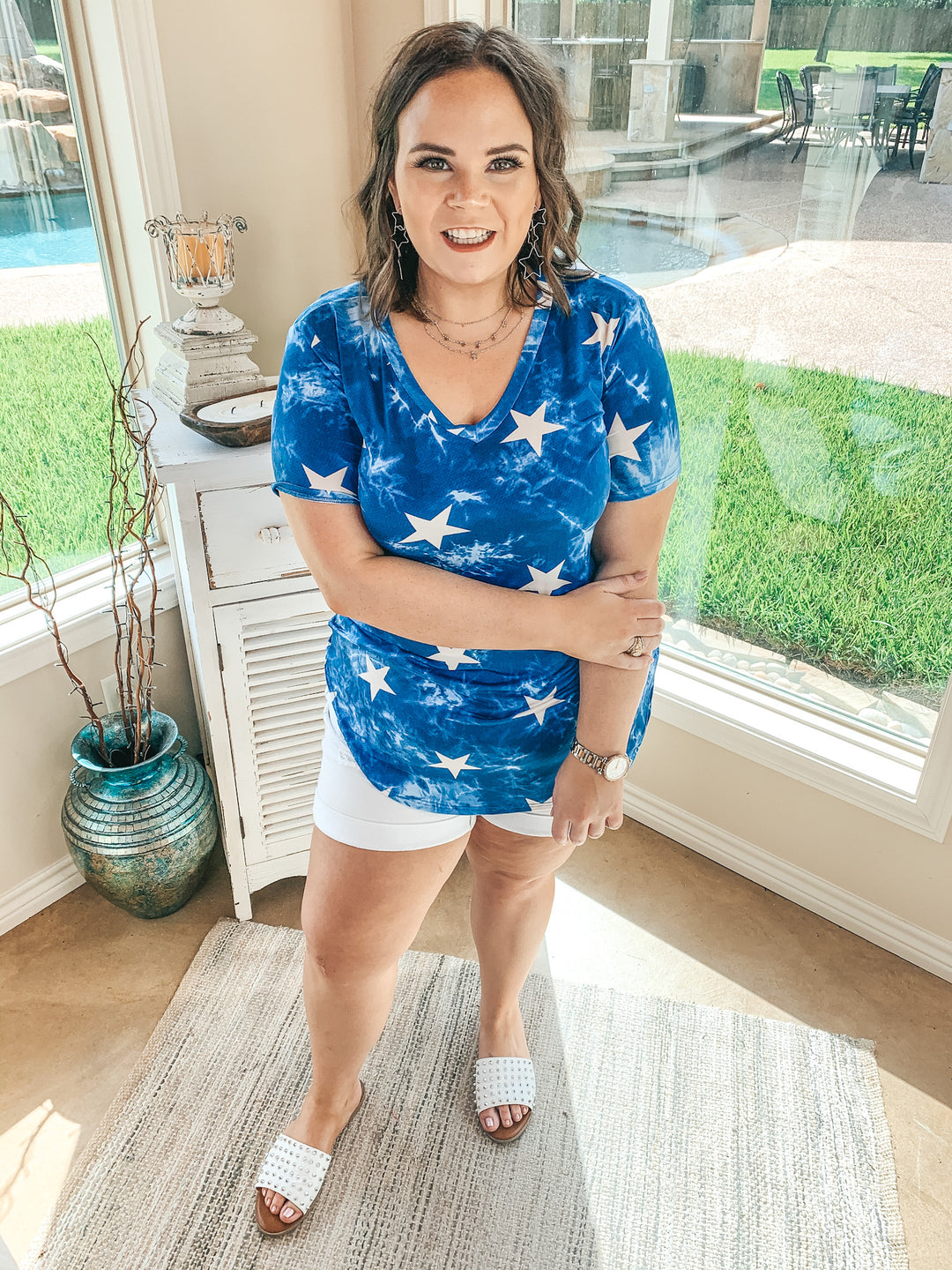 Stars in My Eyes Tie Dye V Neck Tee Shirt with Stars in Royal Blue - Giddy Up Glamour Boutique