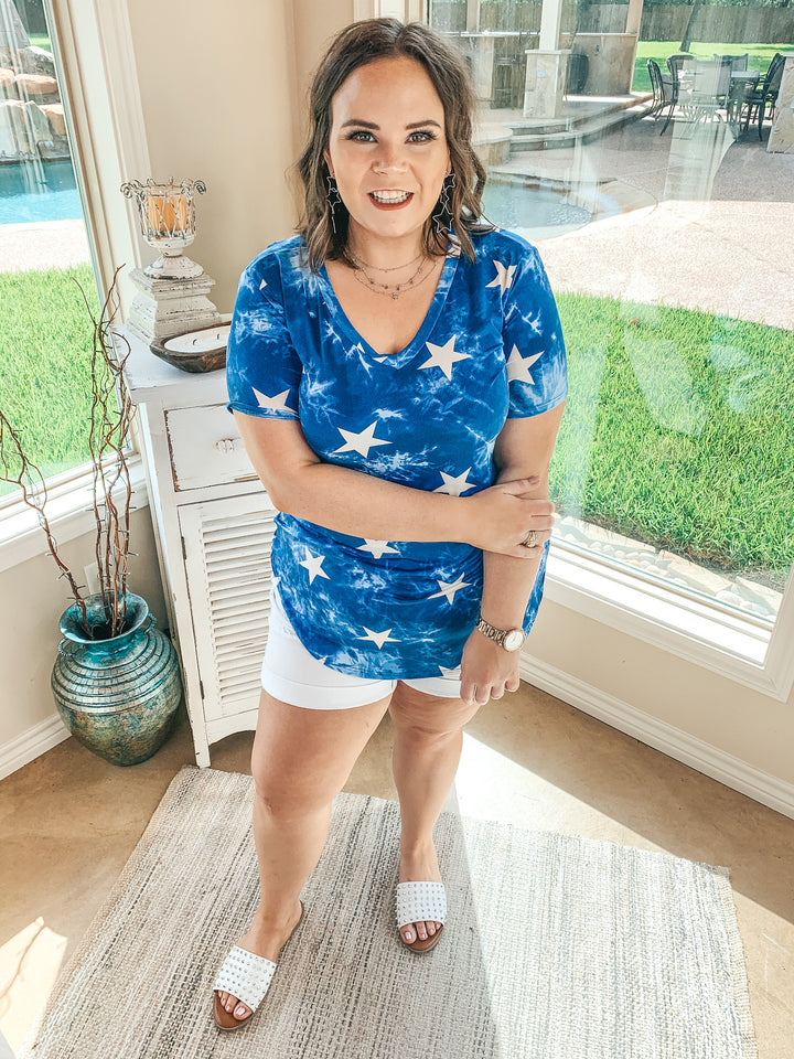Stars in My Eyes Tie Dye V Neck Tee Shirt with Stars in Royal Blue - Giddy Up Glamour Boutique