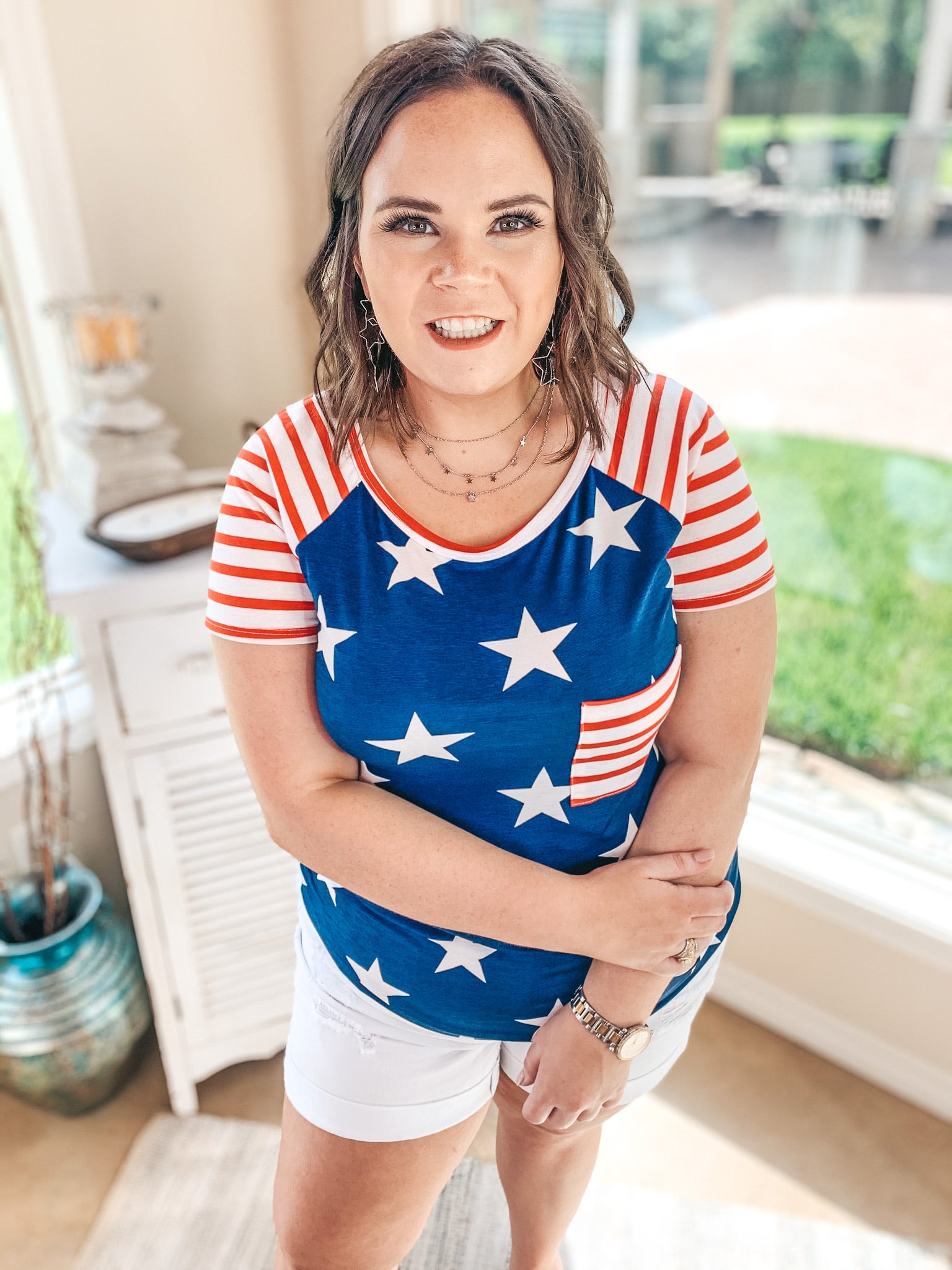 Feeling Festive Striped and Star Print Pocket Tee in Red, White, and Blue - Giddy Up Glamour Boutique
