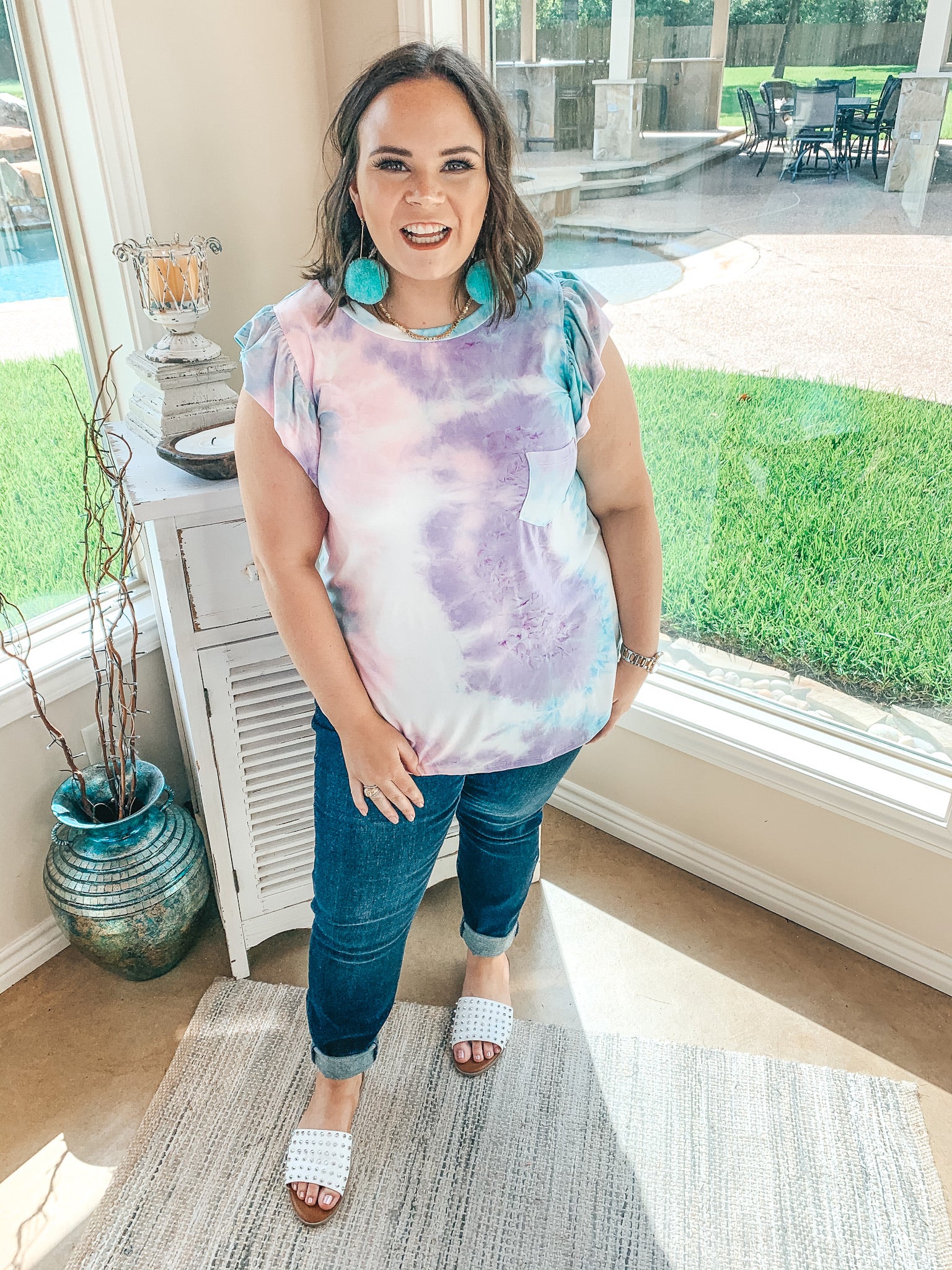 Last Chance Size Small & 3XL | Makes My Heart Flutter Tie Dye Top With Flutter Sleeves in Turquoise and Purple - Giddy Up Glamour Boutique