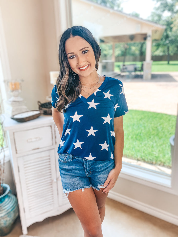 Last Chance Size S & M | Keep Things Simple Star Print V Neck Tee in Navy - Giddy Up Glamour Boutique