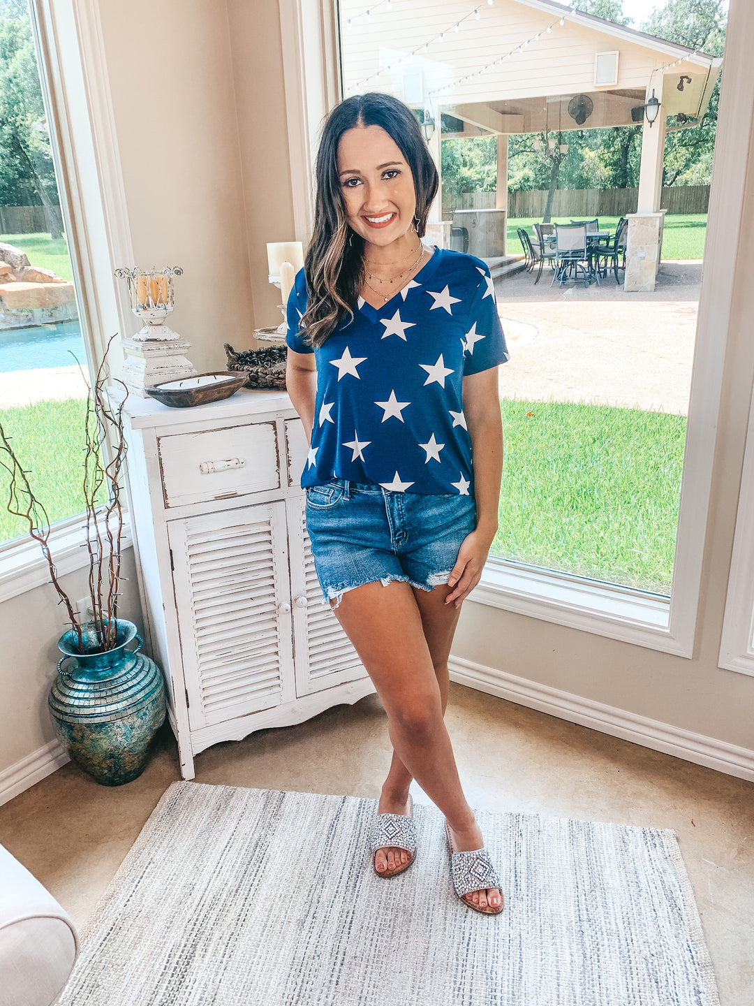 Last Chance Size S & M | Keep Things Simple Star Print V Neck Tee in Navy - Giddy Up Glamour Boutique