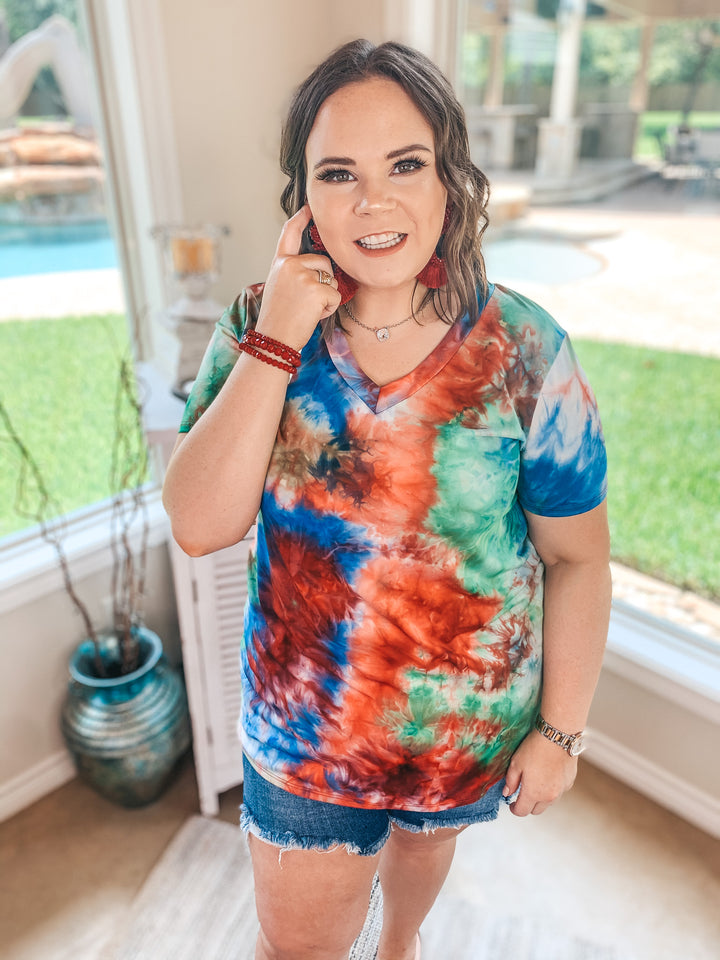 Last Chance Size Small & Medium | Keep Things Simple Tie Dye V Neck Tee in Red, Blue, and Green - Giddy Up Glamour Boutique