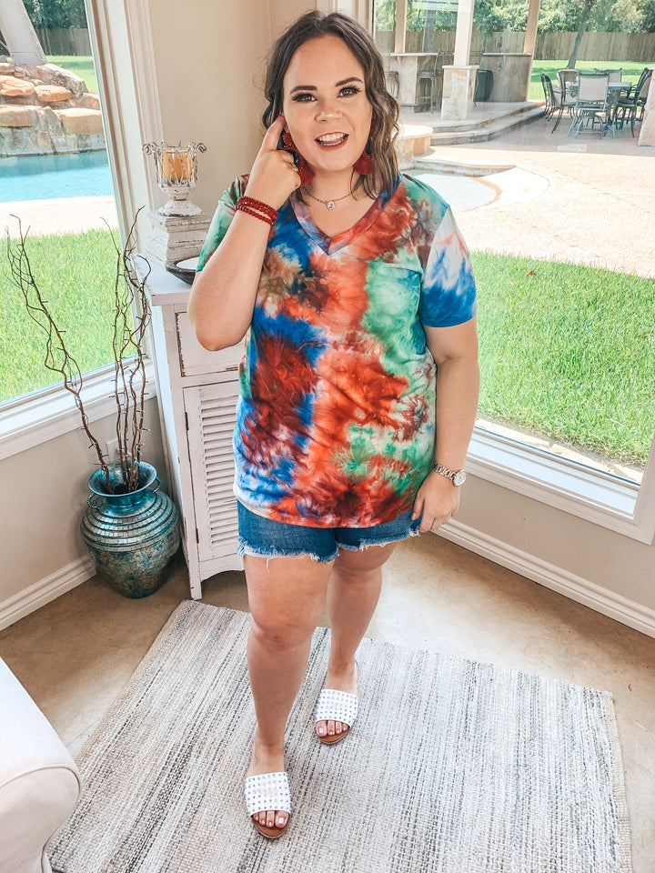 Last Chance Size Small & Medium | Keep Things Simple Tie Dye V Neck Tee in Red, Blue, and Green - Giddy Up Glamour Boutique