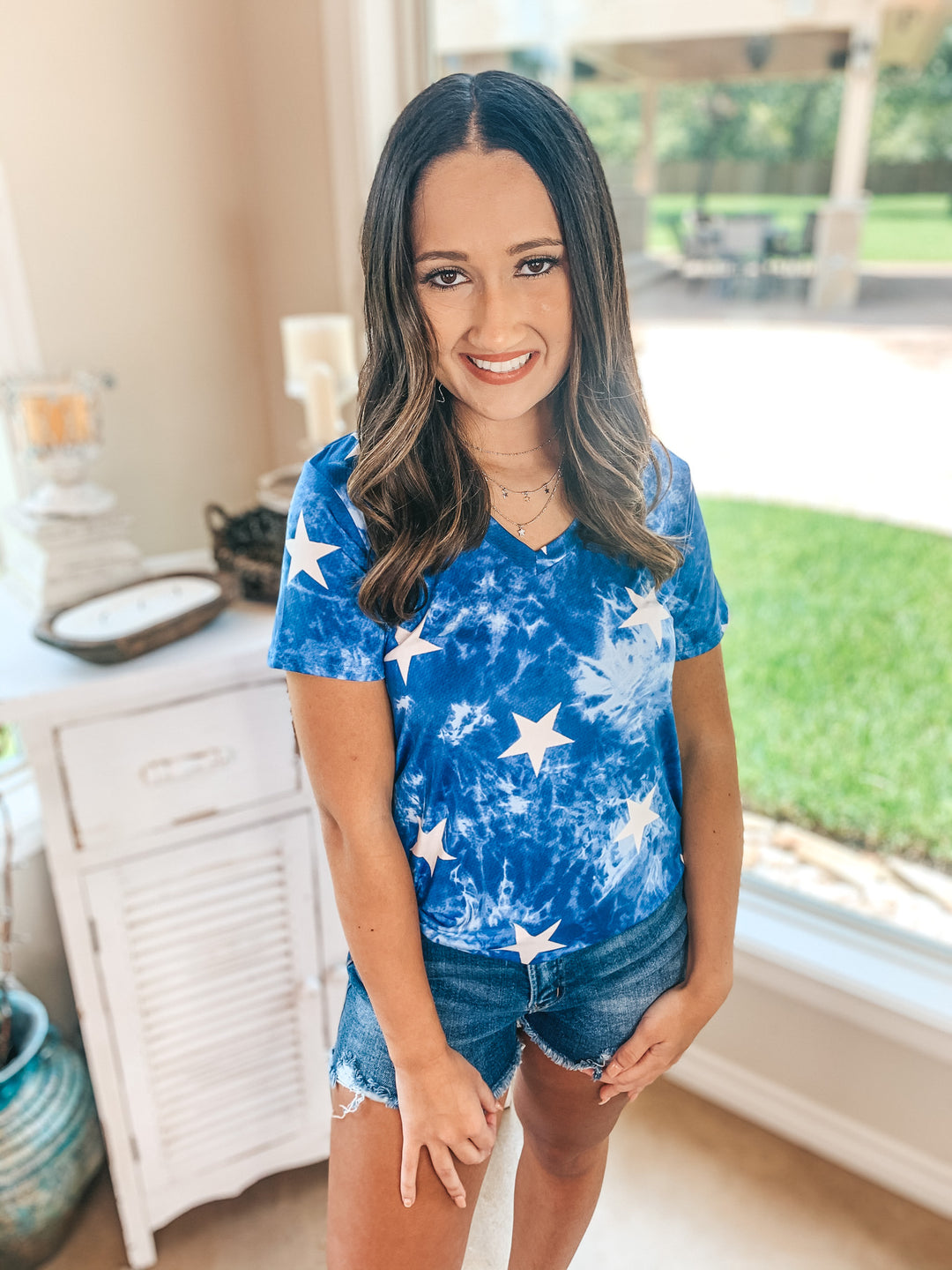 Stars in My Eyes Tie Dye V Neck Tee Shirt with Stars in Royal Blue - Giddy Up Glamour Boutique