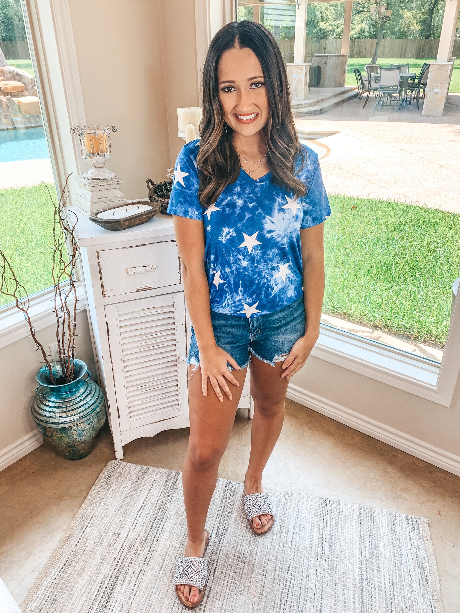 Stars in My Eyes Tie Dye V Neck Tee Shirt with Stars in Royal Blue - Giddy Up Glamour Boutique