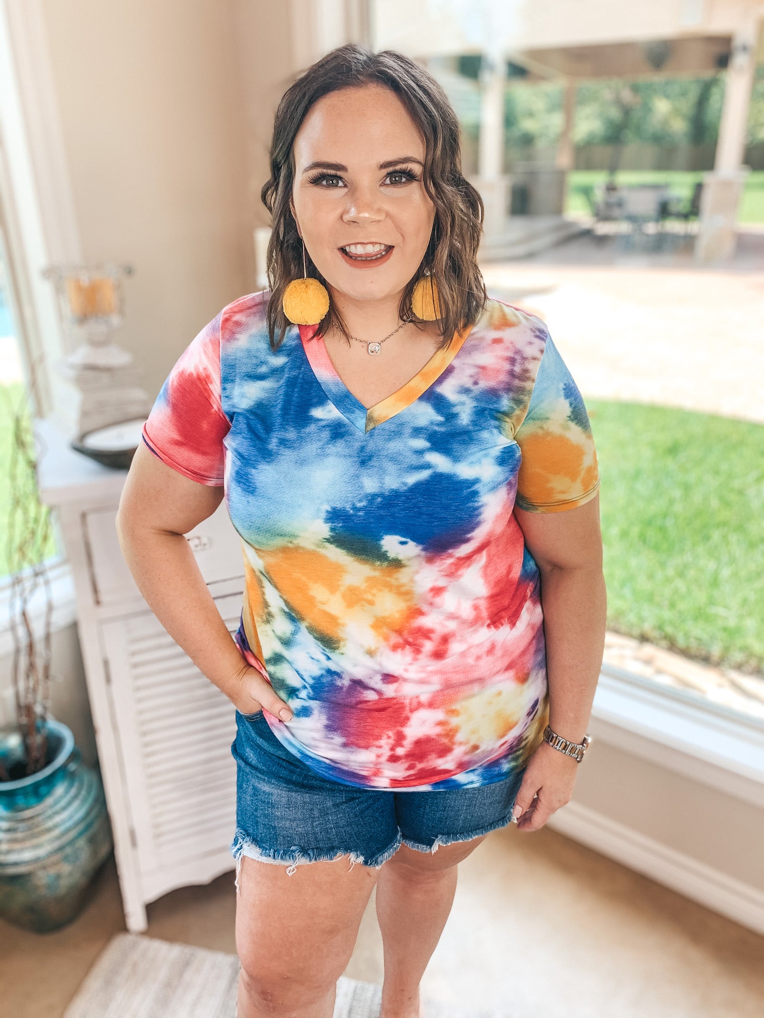Last Chance Size Small & Medium | Keep Things Simple Tie Dye Print V Neck Tee in Pink, Yellow and Blue - Giddy Up Glamour Boutique