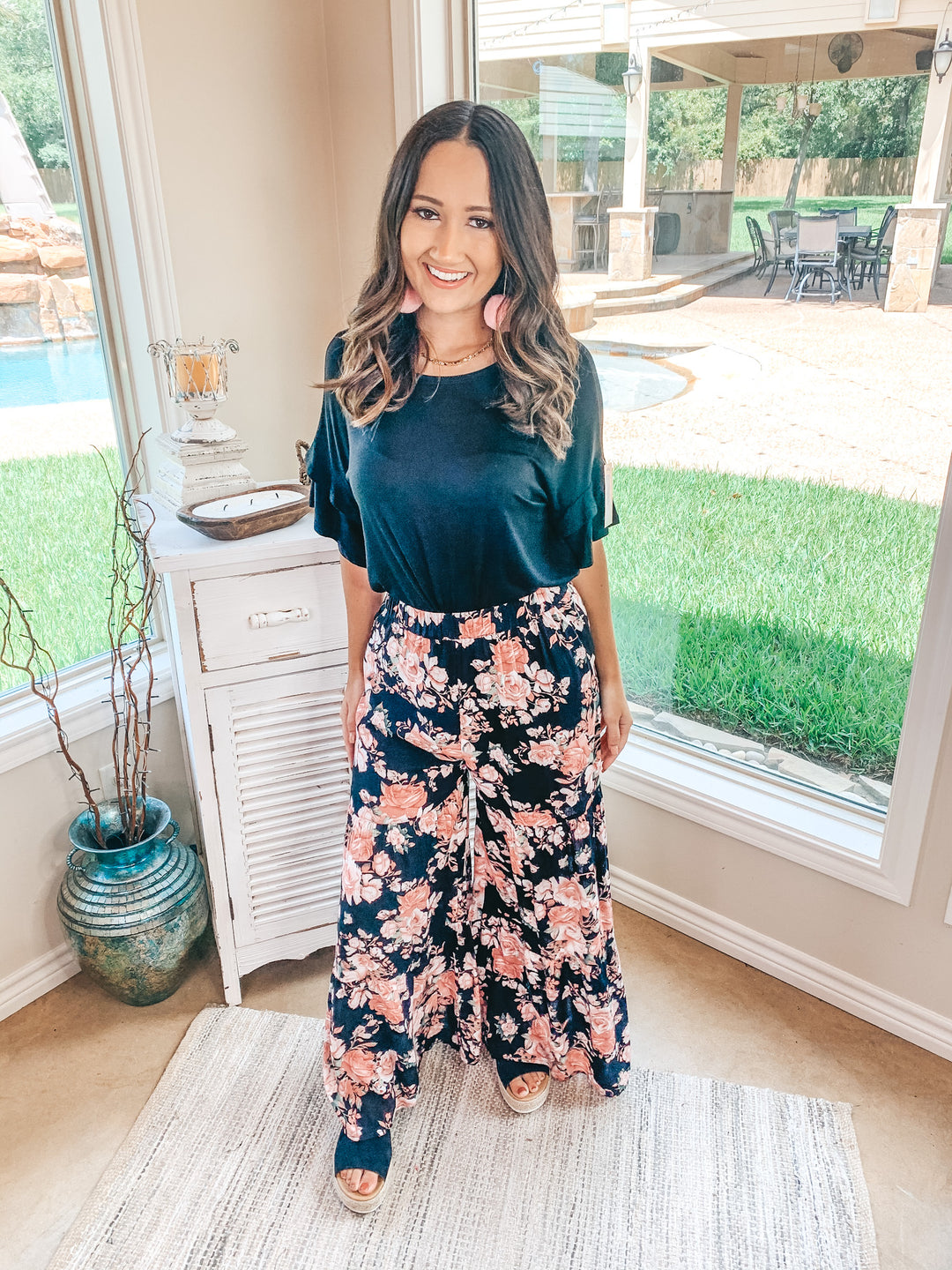 Last Chance Size Small & Medium | Breaking Free Floral Wide Leg Ruffle Pants in Black - Giddy Up Glamour Boutique