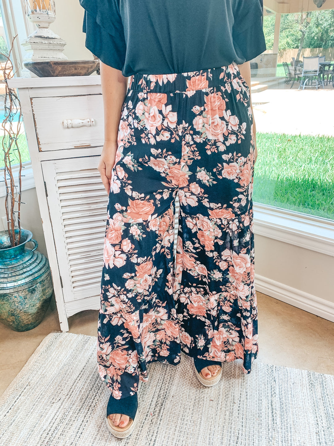 Last Chance Size Small & Medium | Breaking Free Floral Wide Leg Ruffle Pants in Black - Giddy Up Glamour Boutique