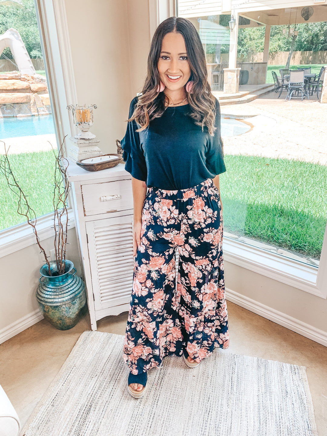 Last Chance Size Small & Medium | Breaking Free Floral Wide Leg Ruffle Pants in Black - Giddy Up Glamour Boutique