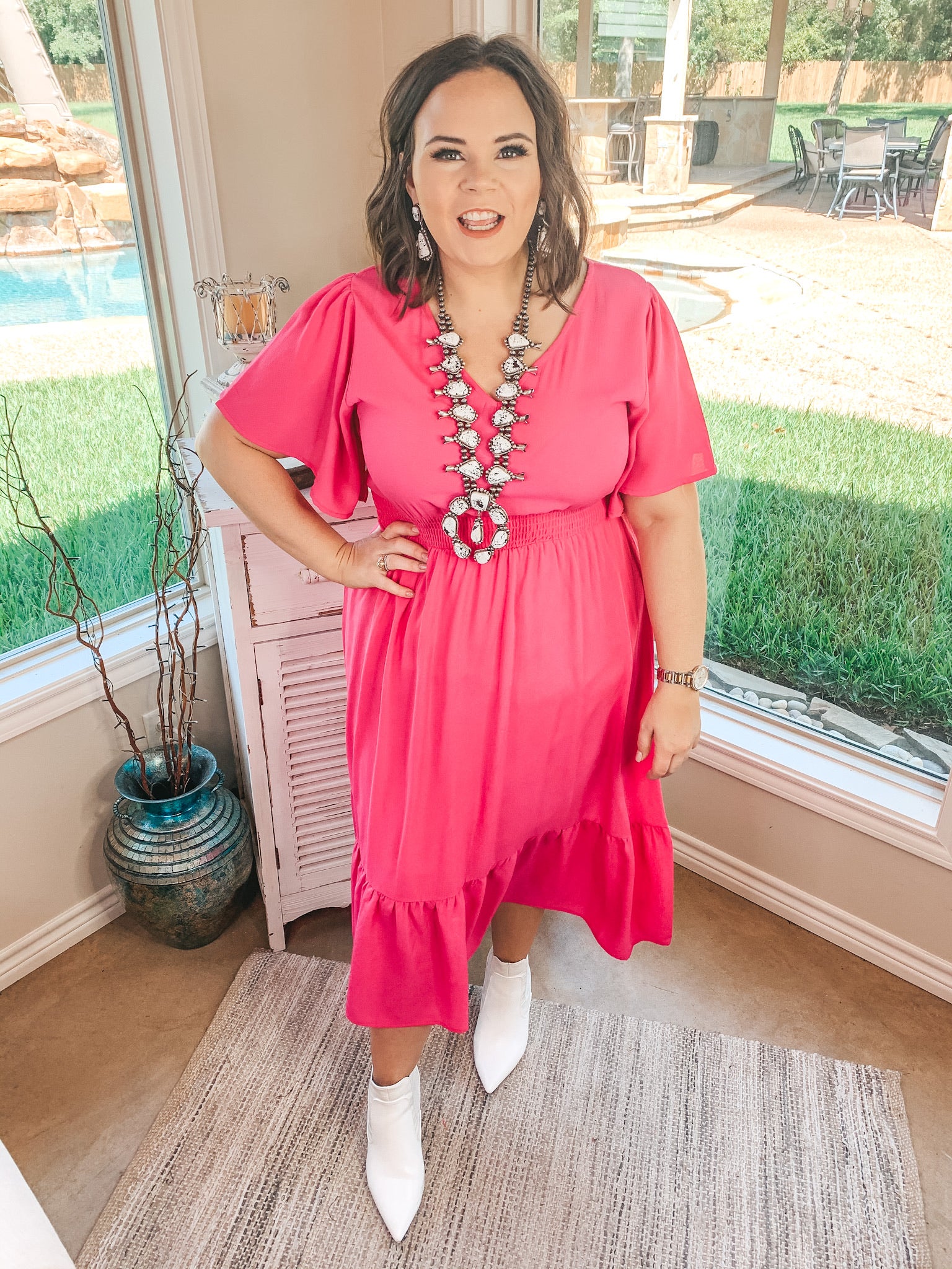 Last Chance Size Small & Large | Freelance Dreamer Short Sleeve Midi Dress with Ruffle Hemline in Magenta - Giddy Up Glamour Boutique