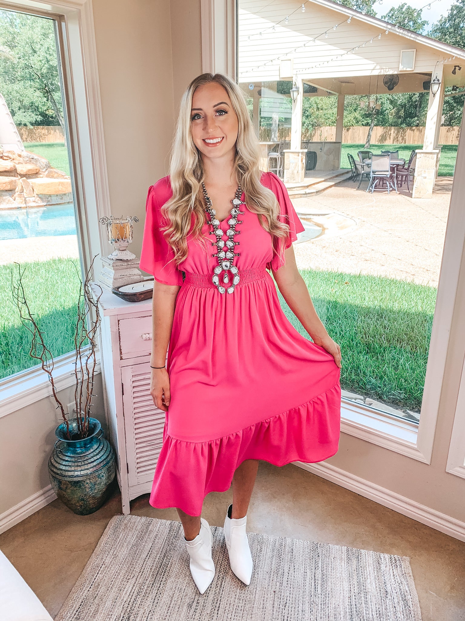 Last Chance Size Small & Large | Freelance Dreamer Short Sleeve Midi Dress with Ruffle Hemline in Magenta - Giddy Up Glamour Boutique