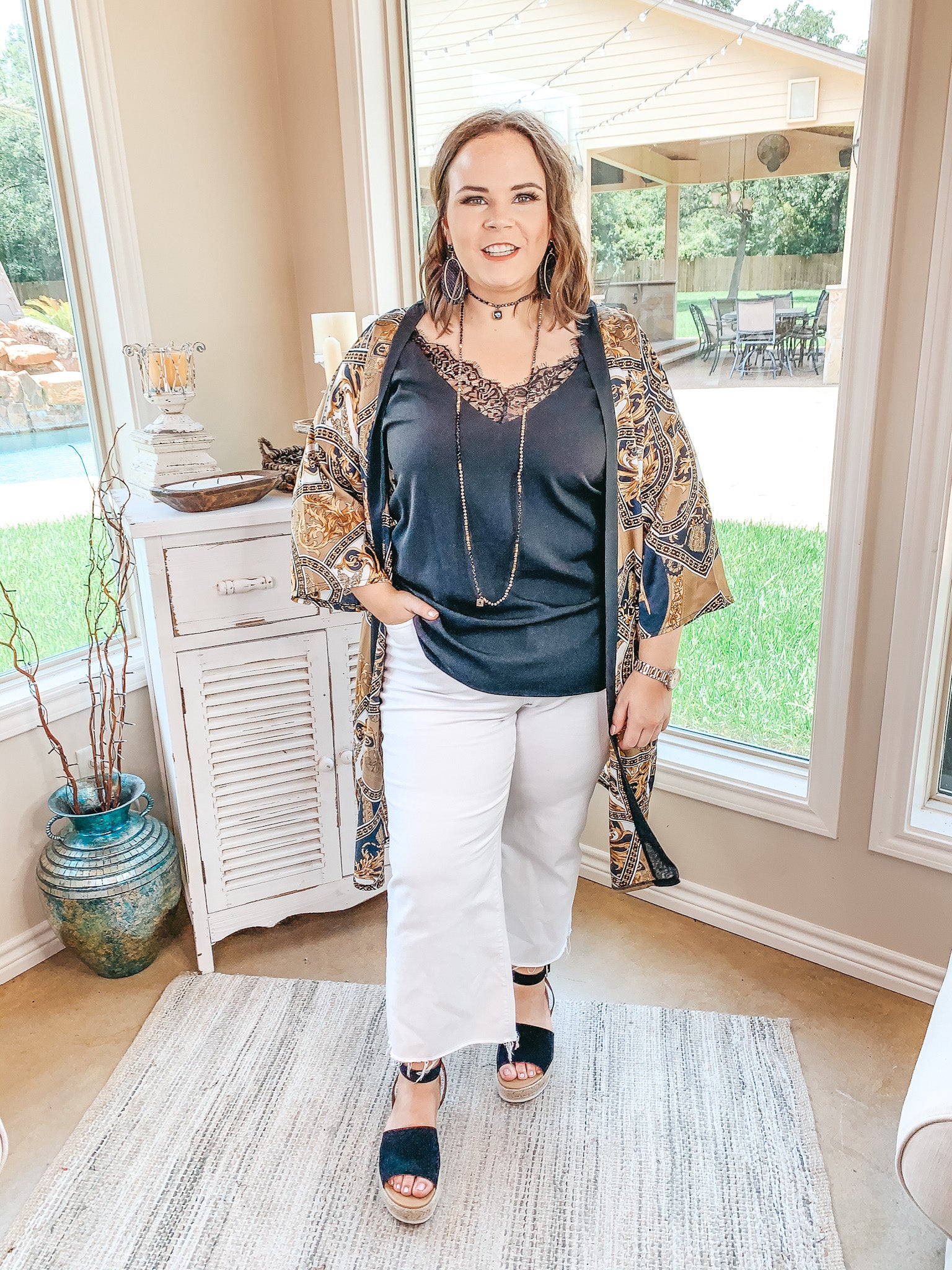 One Sure Way Baroque Print Kimono in Black and Gold - Giddy Up Glamour Boutique