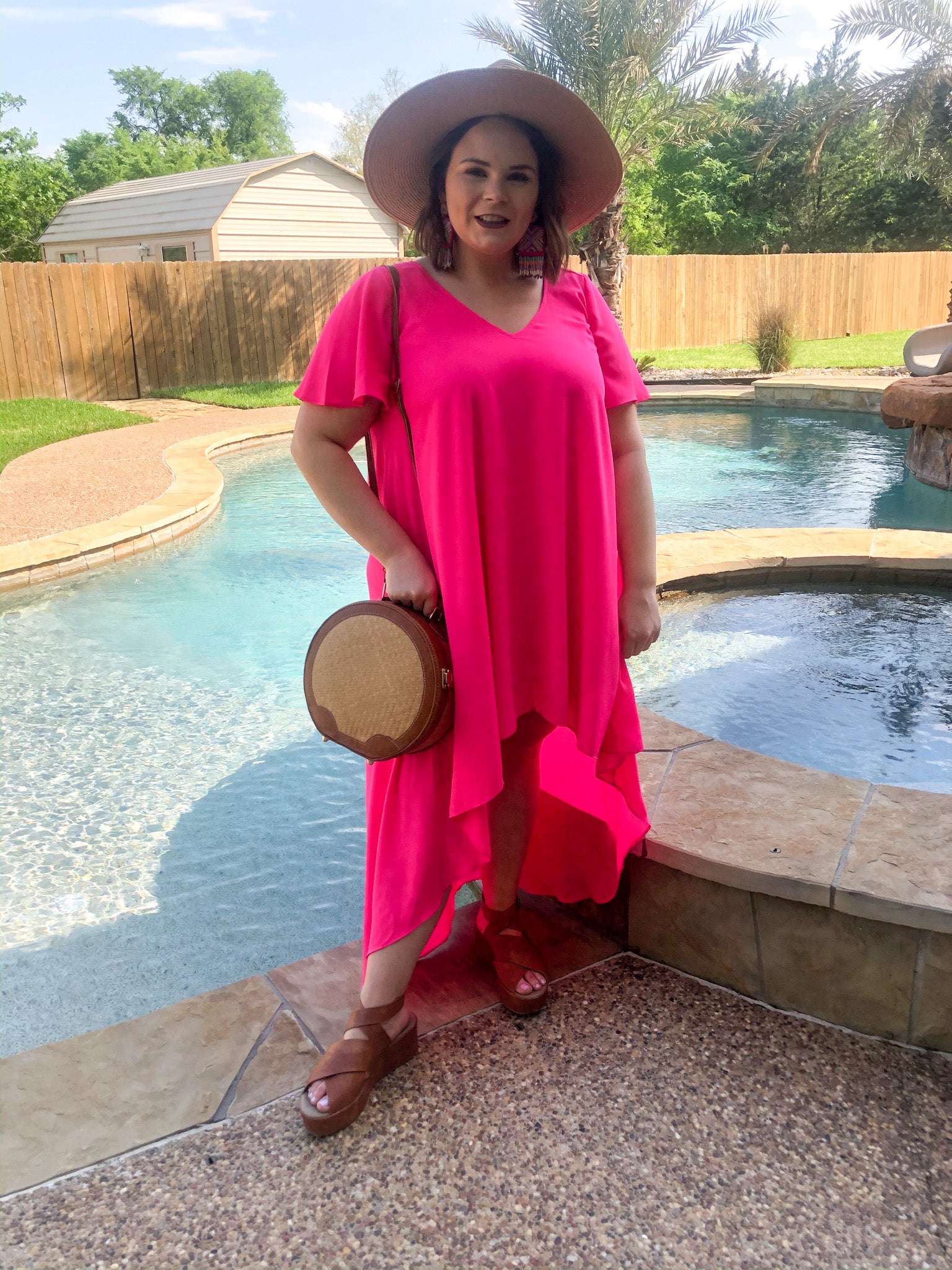 Last Chance Size Small | Girl On Fire Short Sleeve High-Low Dress with V-Neck in Hot Pink - Giddy Up Glamour Boutique