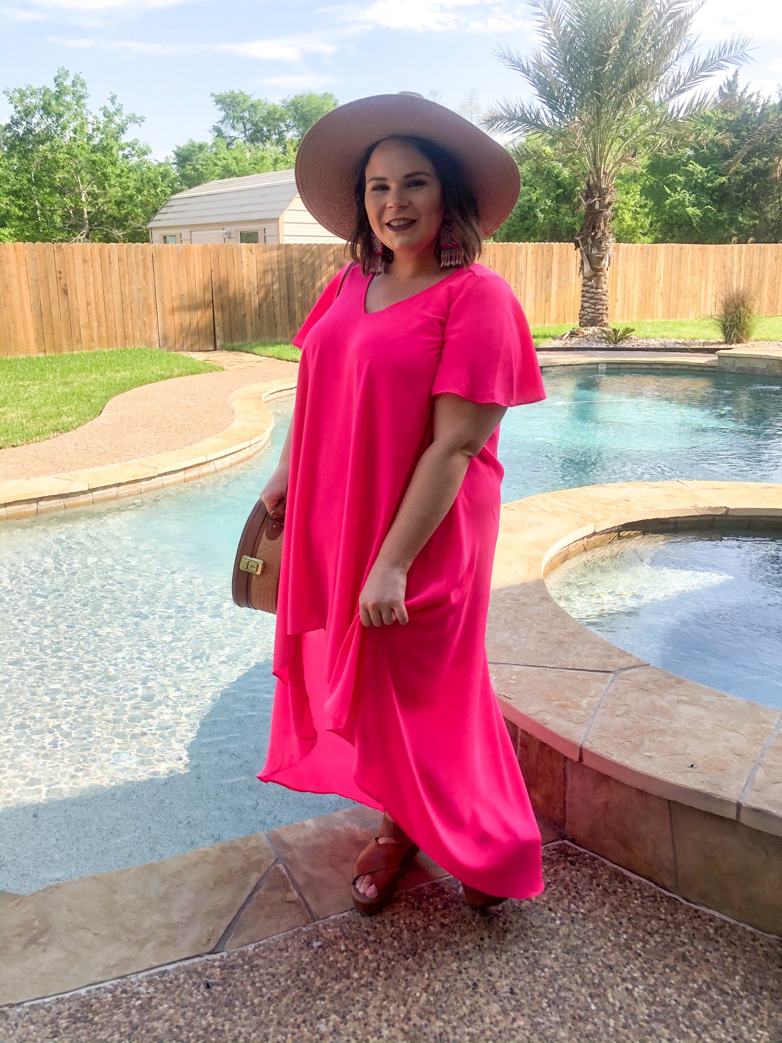 Last Chance Size Small | Girl On Fire Short Sleeve High-Low Dress with V-Neck in Hot Pink - Giddy Up Glamour Boutique