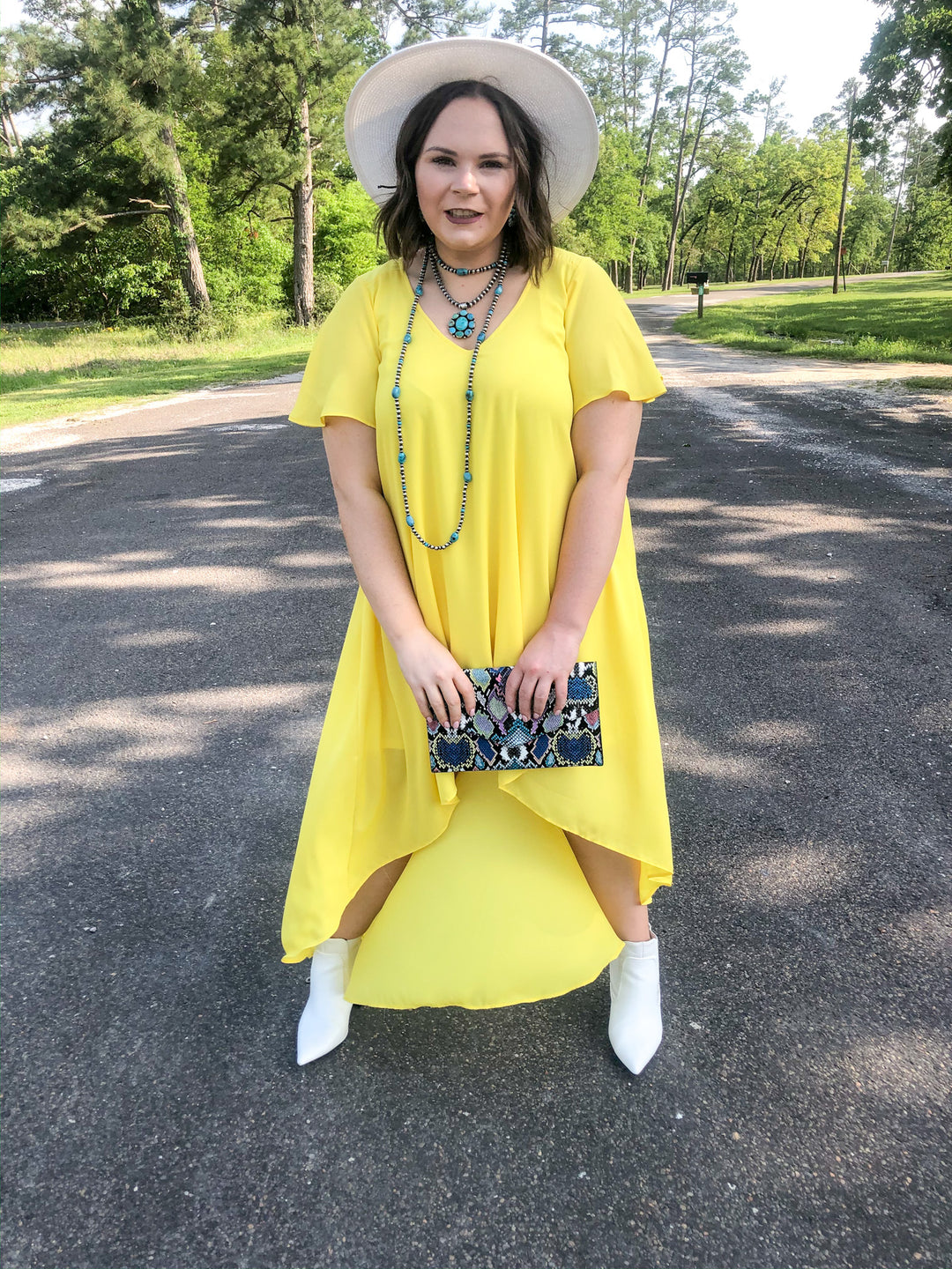 Last Chance Size Small & Med. | Girl On Fire Short Sleeve High-Low Dress with V-Neck in Lemon Yellow - Giddy Up Glamour Boutique