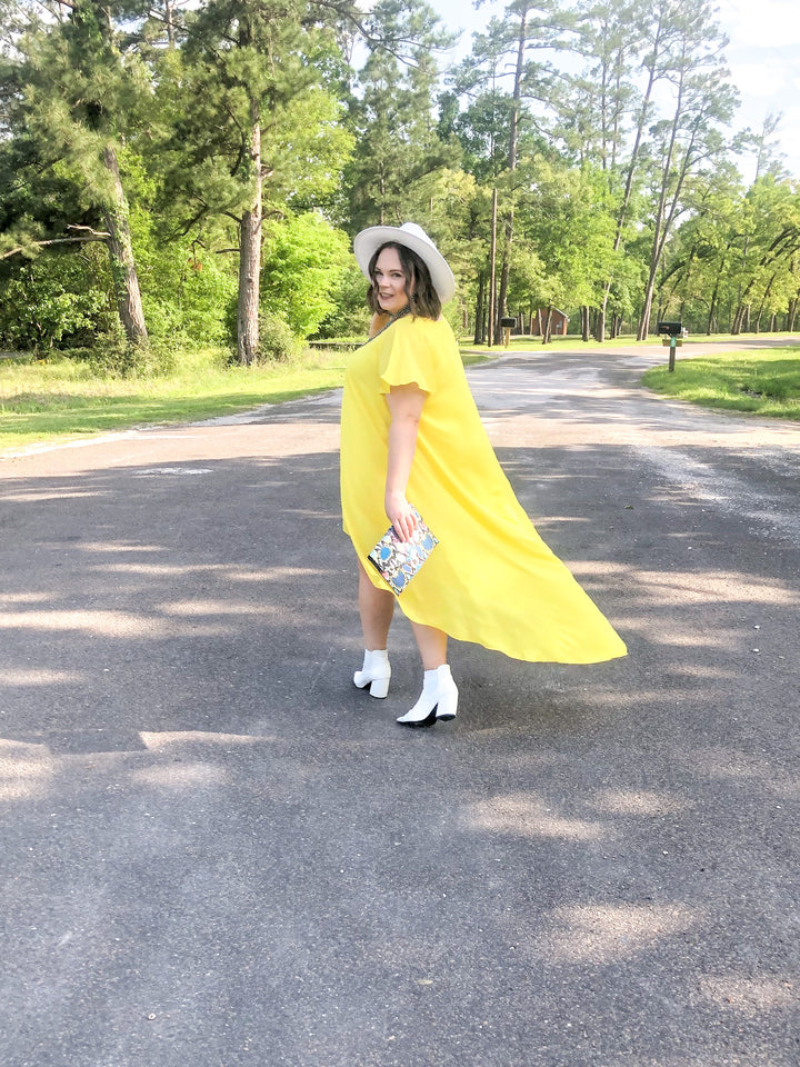 Last Chance Size Small & Med. | Girl On Fire Short Sleeve High-Low Dress with V-Neck in Lemon Yellow - Giddy Up Glamour Boutique