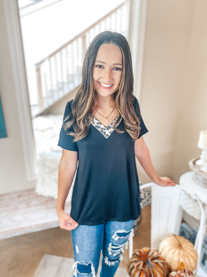 Make It Happen Leopard V Neck Detail Top in Black - Giddy Up Glamour Boutique