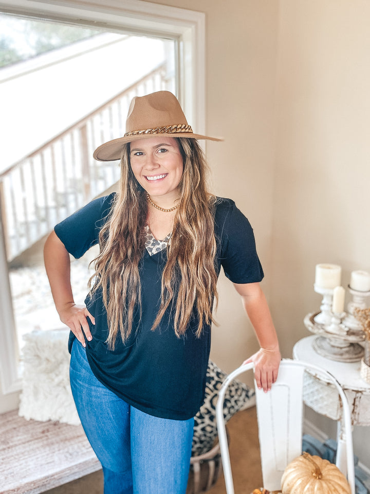 Make It Happen Leopard V Neck Detail Top in Black - Giddy Up Glamour Boutique