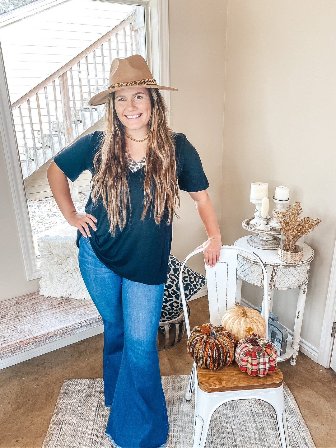 Make It Happen Leopard V Neck Detail Top in Black - Giddy Up Glamour Boutique