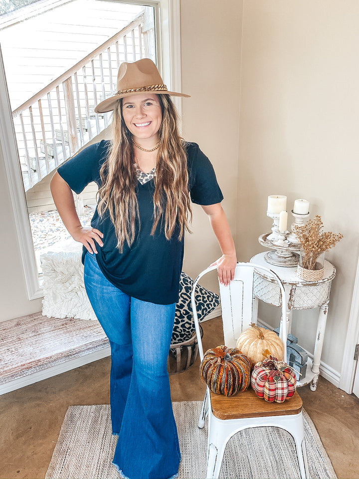 Make It Happen Leopard V Neck Detail Top in Black - Giddy Up Glamour Boutique