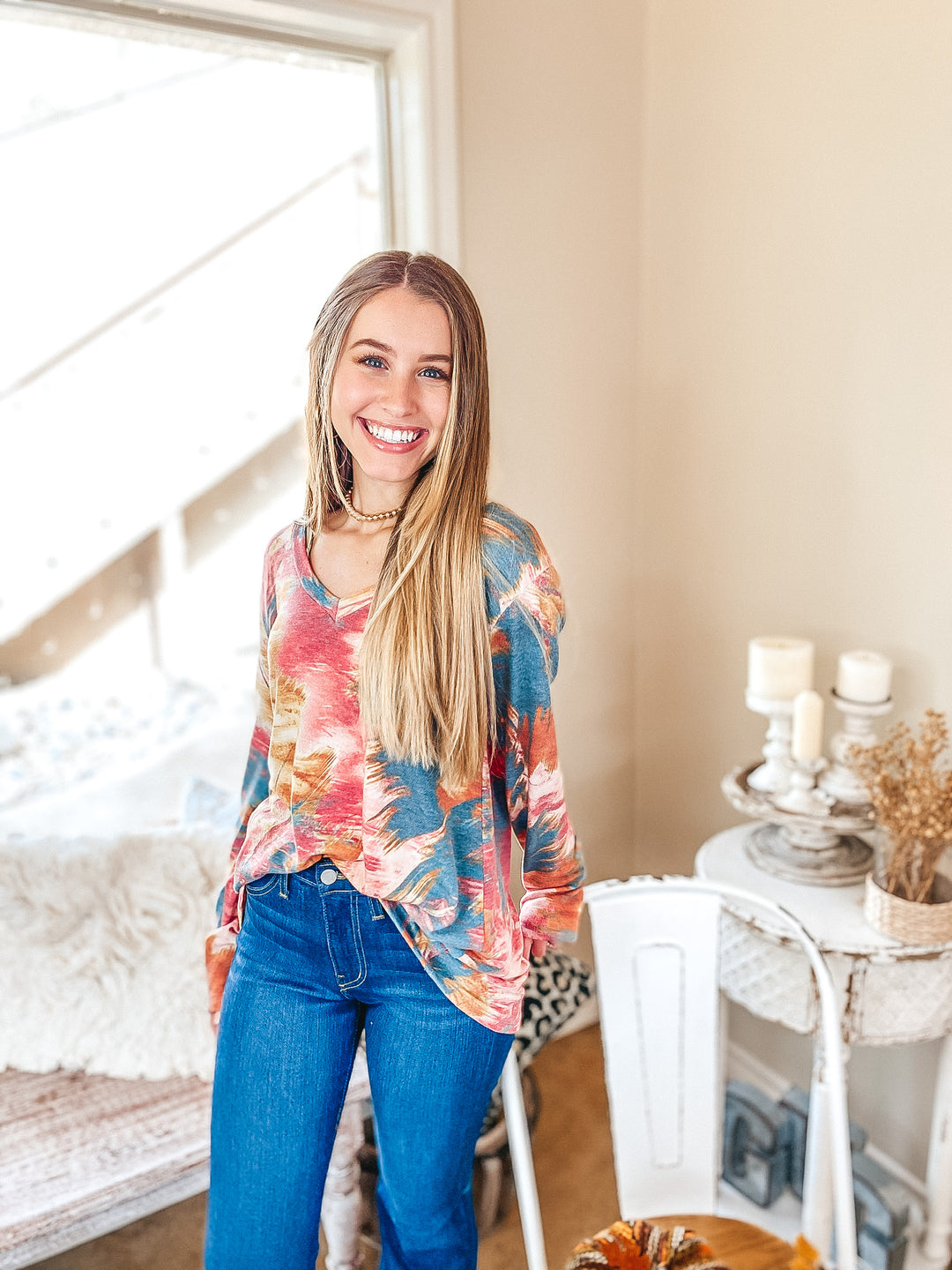 Last Chance Size Small & Med. | Keep Things Simple Long Sleeve Water Color V Neck Pullover Top in Mauve and Teal - Giddy Up Glamour Boutique