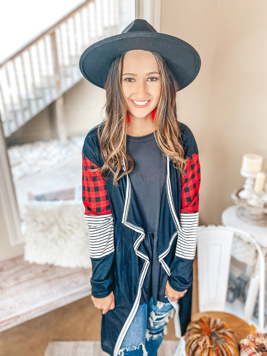 Sweet Feeling Knit Cardigan with Red Buffalo Plaid and Stripe Detail in Black - Giddy Up Glamour Boutique