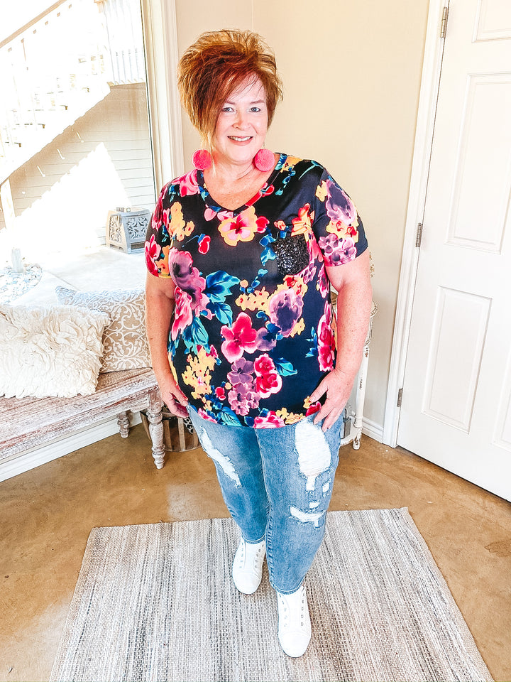 Last Chance Size S & M | Sparkle Just Right Floral Sequin Pocket Tee in Black - Giddy Up Glamour Boutique