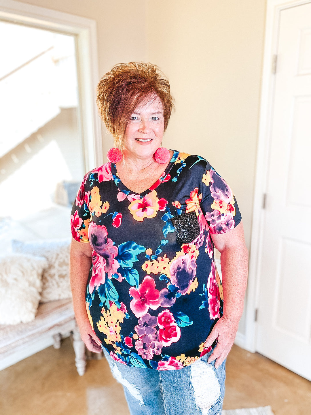 Last Chance Size S & M | Sparkle Just Right Floral Sequin Pocket Tee in Black - Giddy Up Glamour Boutique