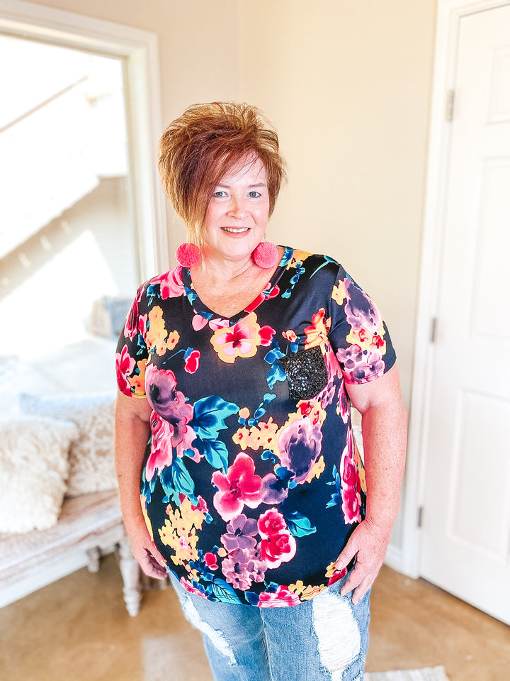 Last Chance Size S & M | Sparkle Just Right Floral Sequin Pocket Tee in Black - Giddy Up Glamour Boutique