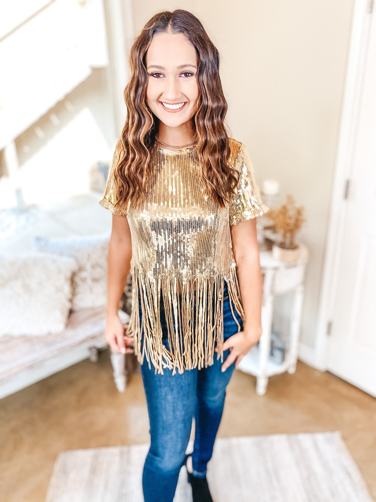 Stealing Glances Short Sleeve Sequin Crop Top with Fringe in Gold