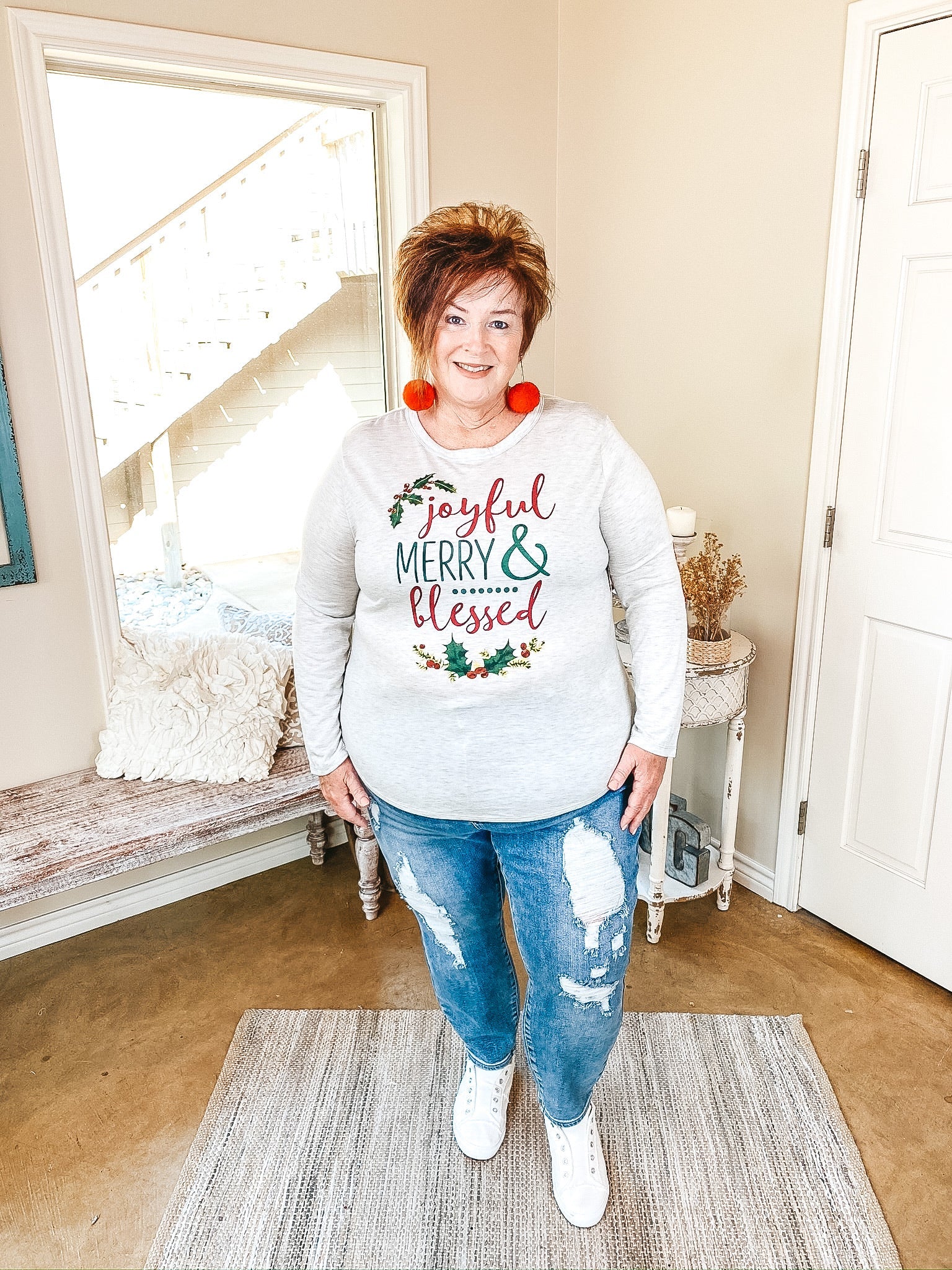 Joyful, Merry, & Blessed Grey Long Sleeve Tee with Candy Cane Elbow Patches - Giddy Up Glamour Boutique