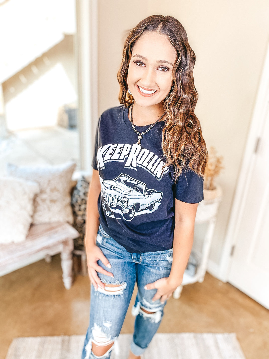 Keep Rolling With It Classic Car Graphic Tee in Black - Giddy Up Glamour Boutique