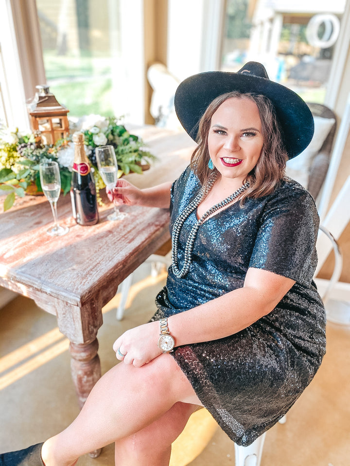 Can't Keep Up V Neck Sequin Dress with Short Sleeves in Black - Giddy Up Glamour Boutique
