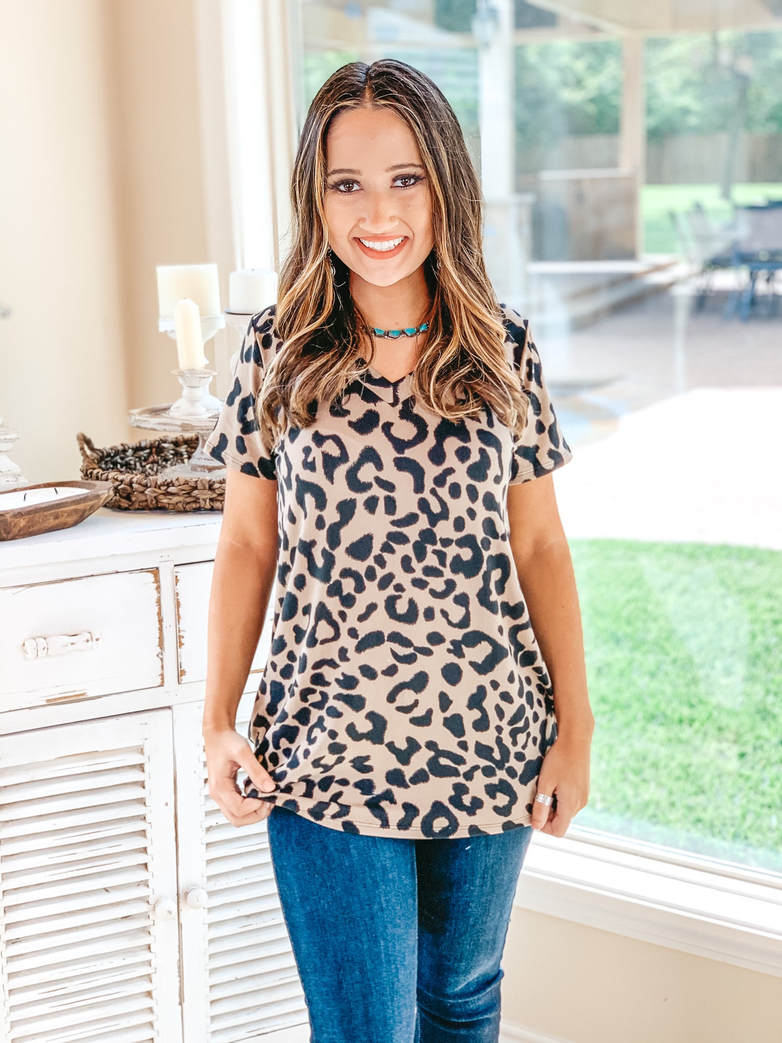 Keep Things Simple Leopard V Neck Tee Shirt in Mocha Brown - Giddy Up Glamour Boutique