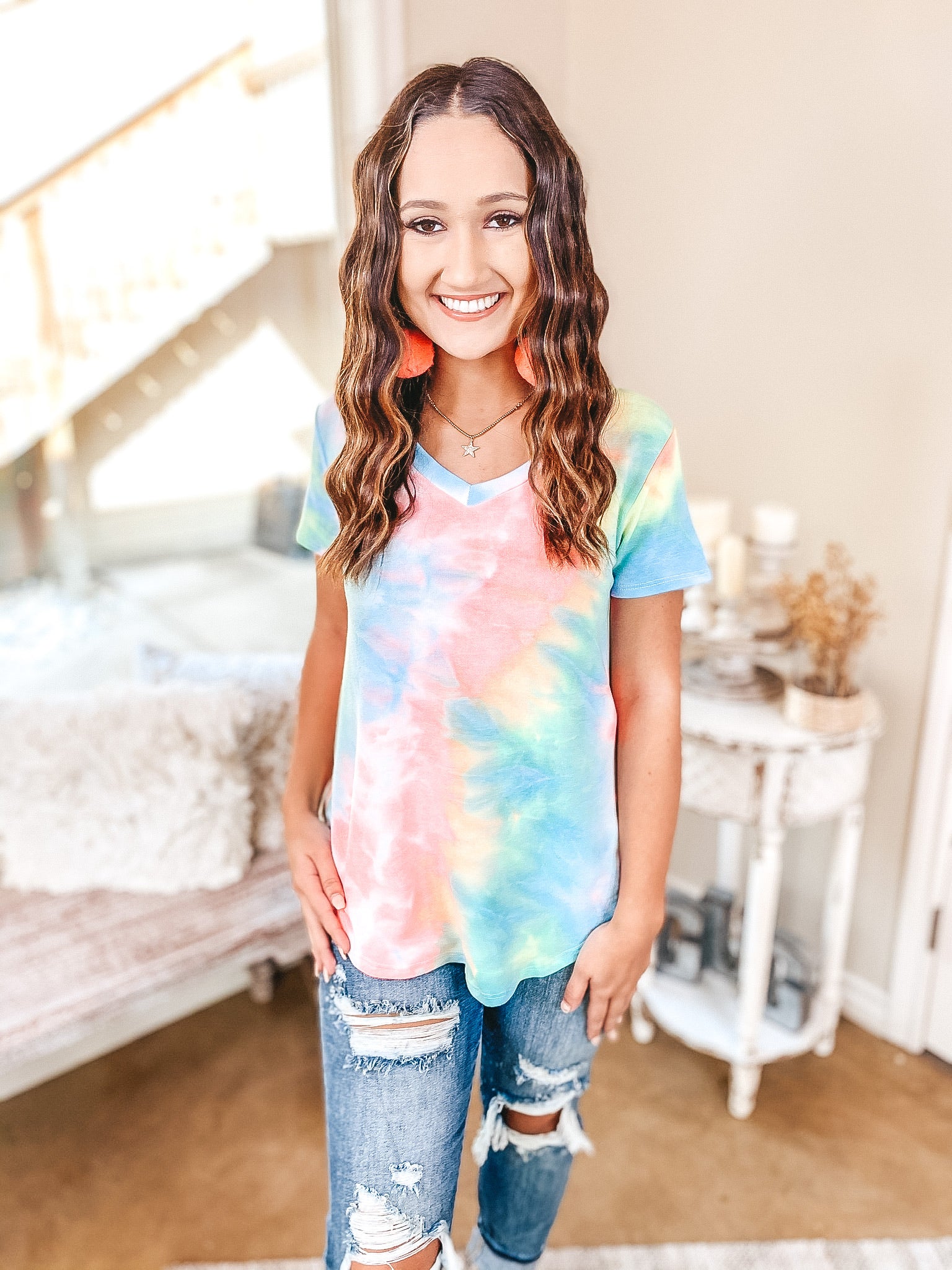 Last Chance Size S, M, & XL | Simple Does It Tie Dye Short Sleeve V Neck Tee in Neon Pink and Blue - Giddy Up Glamour Boutique