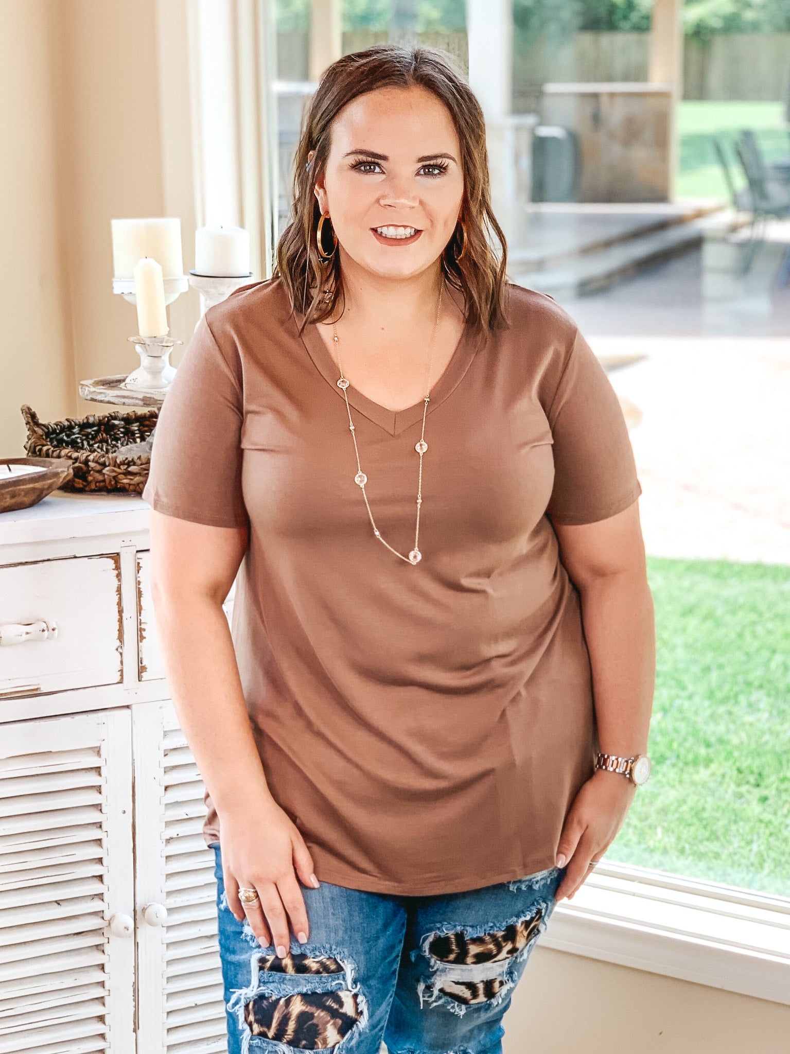 It's That Simple Solid V Neck Tee in Mocha - Giddy Up Glamour Boutique