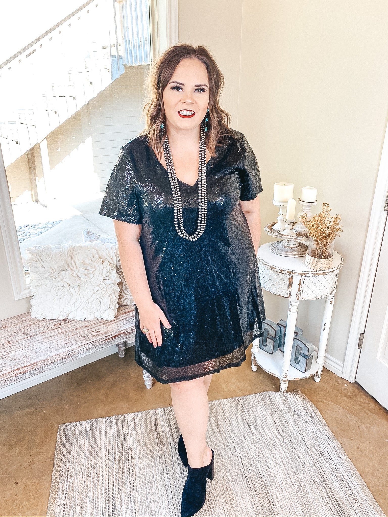 Can't Keep Up V Neck Sequin Dress with Short Sleeves in Black - Giddy Up Glamour Boutique