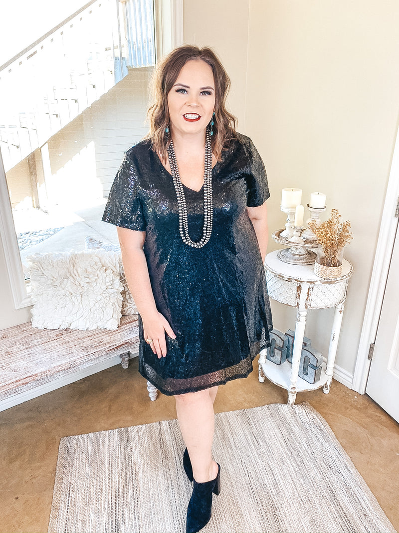 Can't Keep Up V Neck Sequin Dress with Short Sleeves in Black