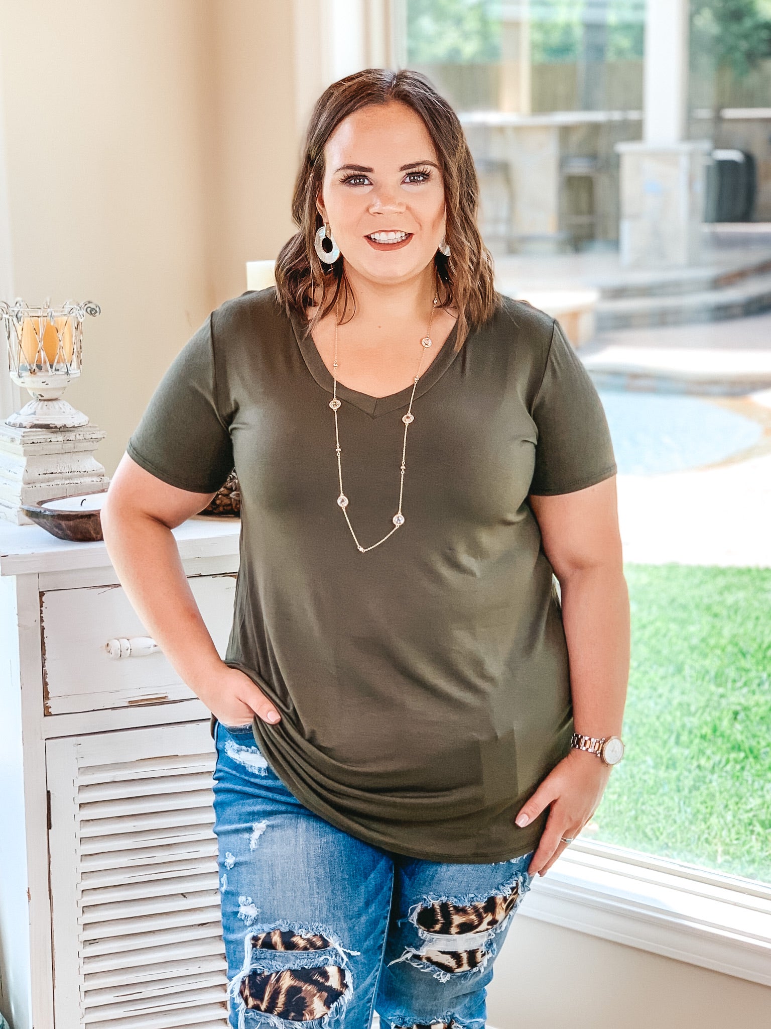 It's That Simple Solid V Neck Tee in Olive Green - Giddy Up Glamour Boutique