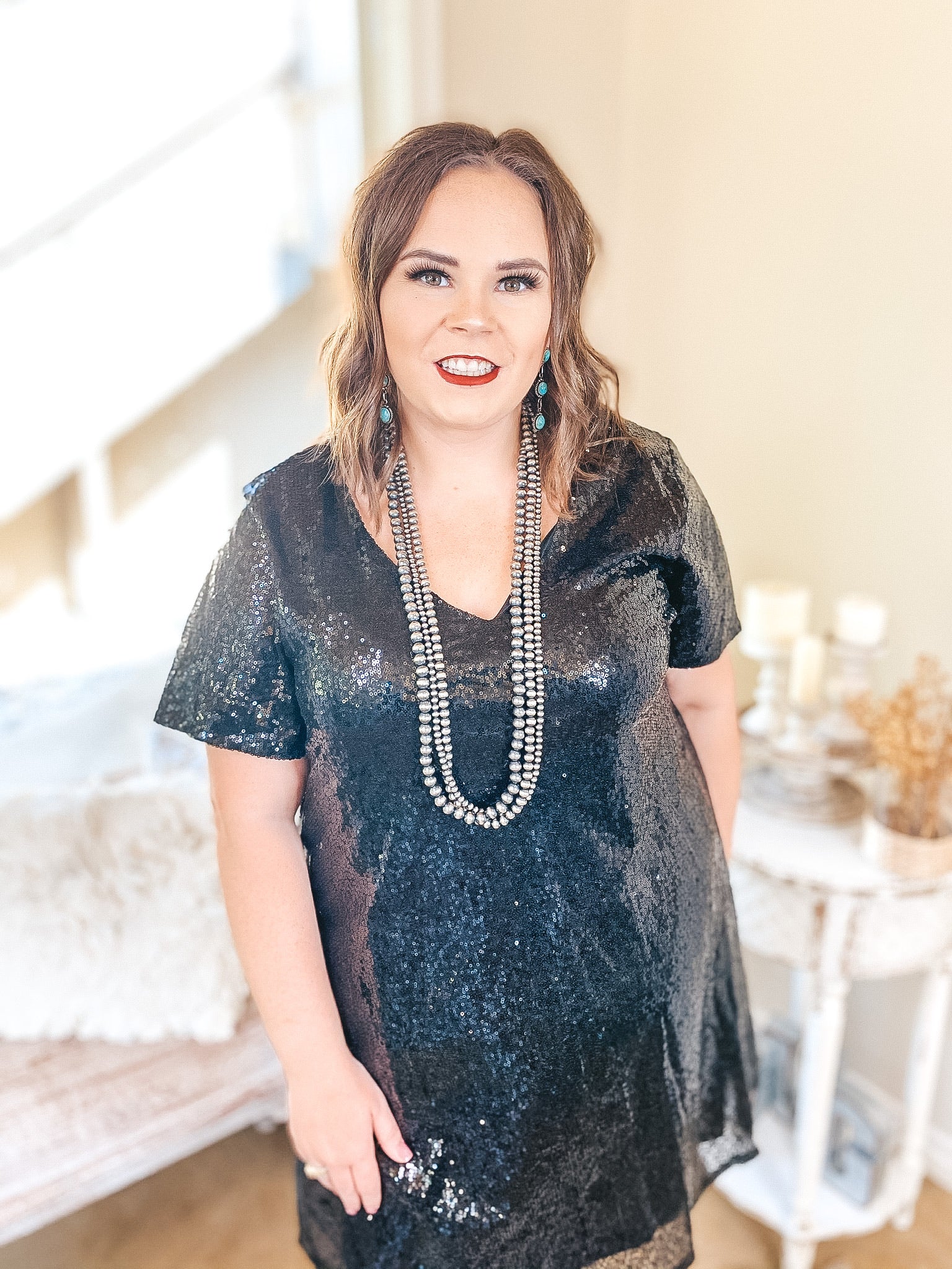 Can't Keep Up V Neck Sequin Dress with Short Sleeves in Black - Giddy Up Glamour Boutique