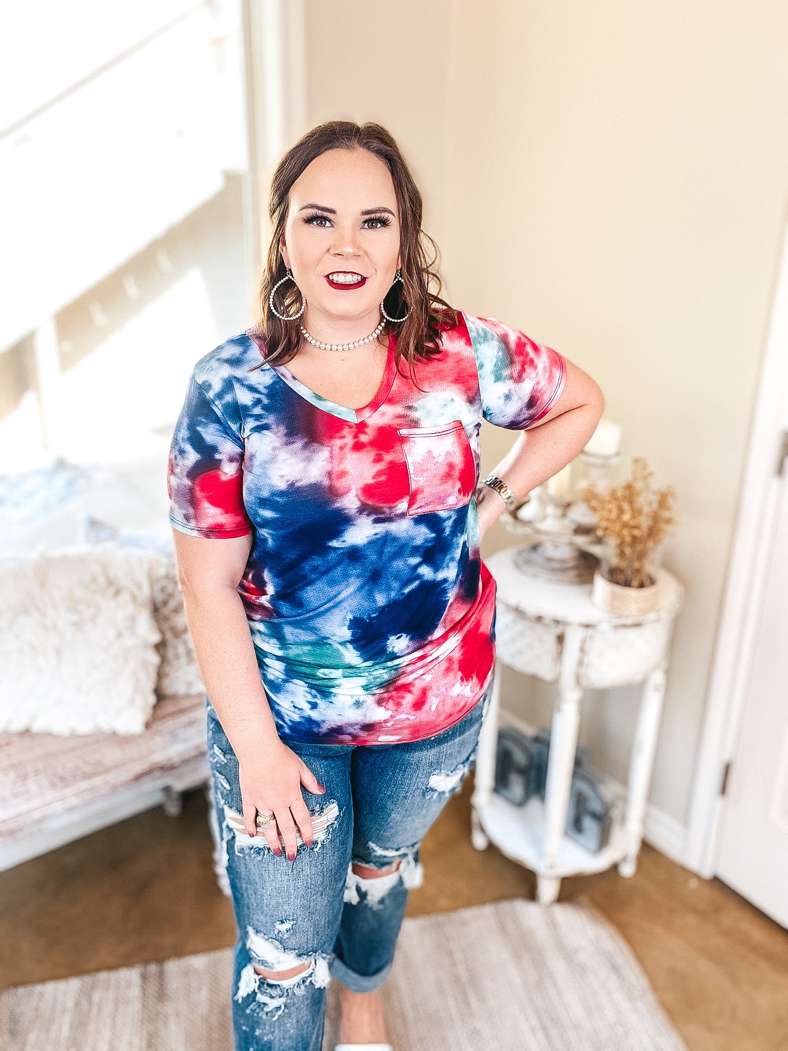 Last Chance Size S & M | Just Right Short Sleeve Tie Dye V Neck Pocket Tee in Navy and Red - Giddy Up Glamour Boutique