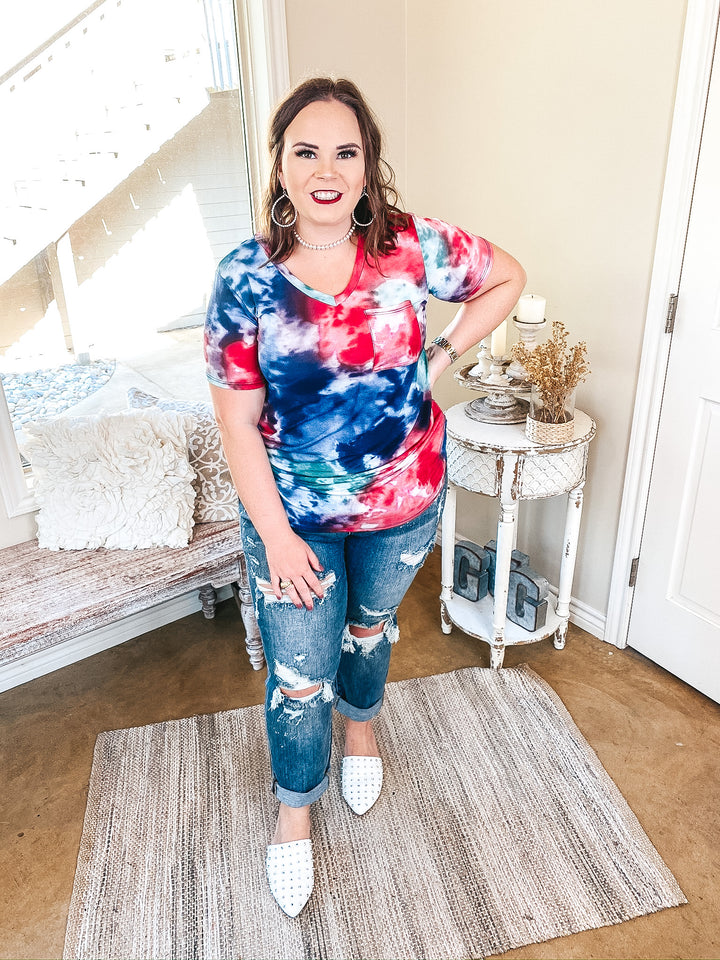 Last Chance Size S & M | Just Right Short Sleeve Tie Dye V Neck Pocket Tee in Navy and Red - Giddy Up Glamour Boutique