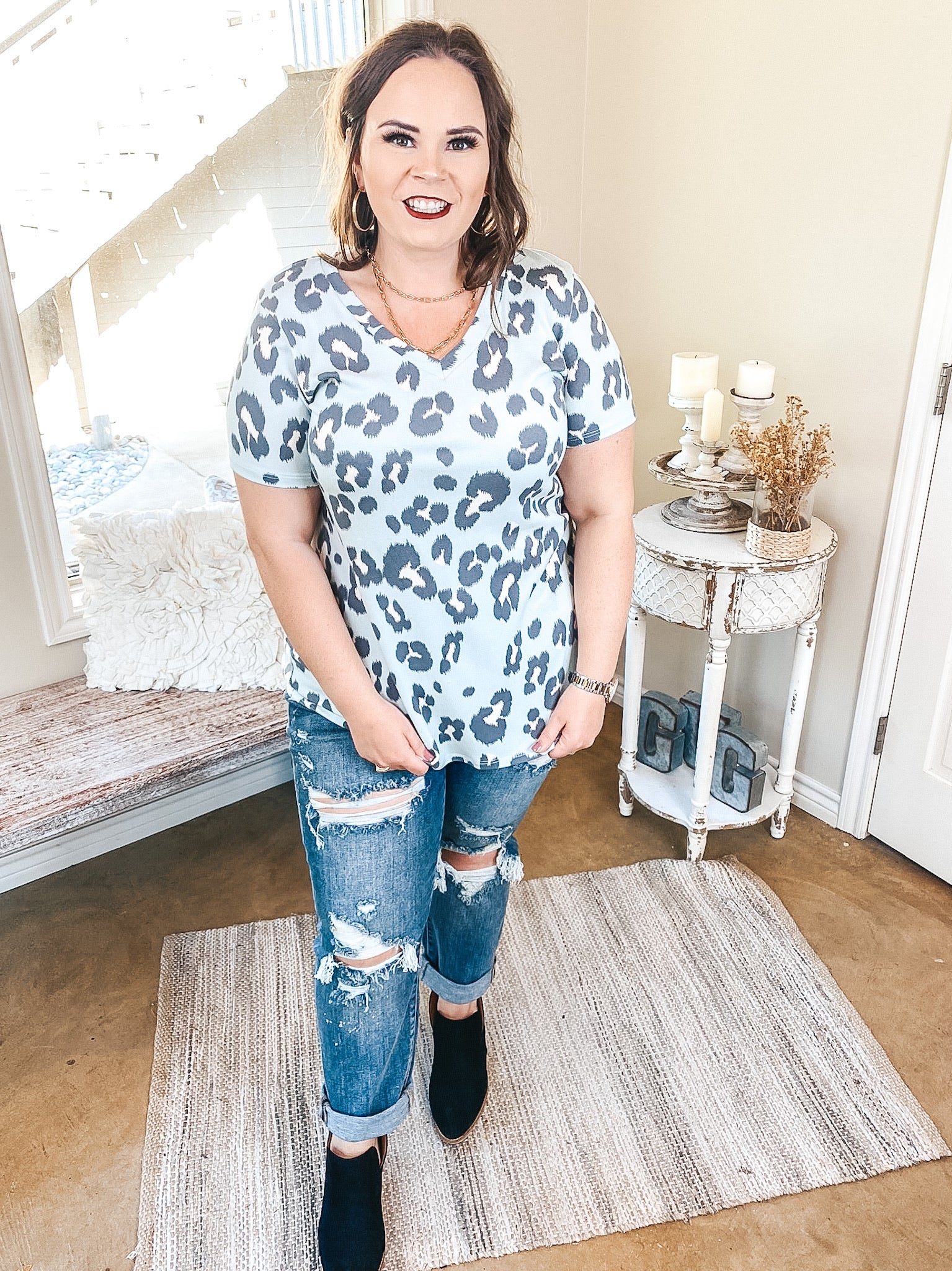 Keep Things Simple Large Leopard Print V Neck Tee in Mint Blue - Giddy Up Glamour Boutique