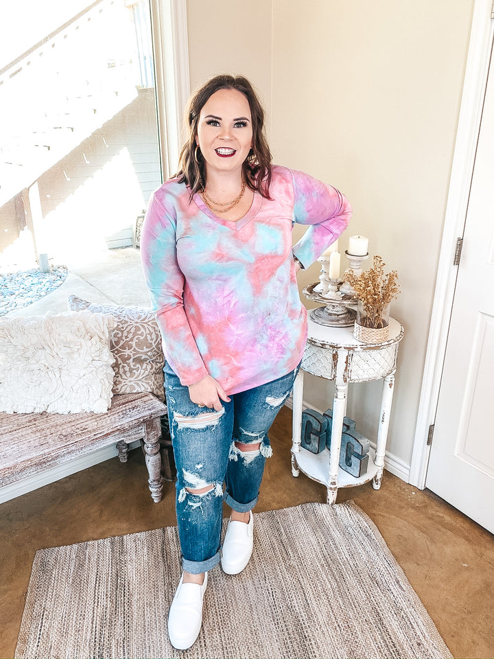 Last Chance S & M | Keep Things Simple Long Sleeve Tie Dye V Neck Pullover Top in Mint and Purple - Giddy Up Glamour Boutique