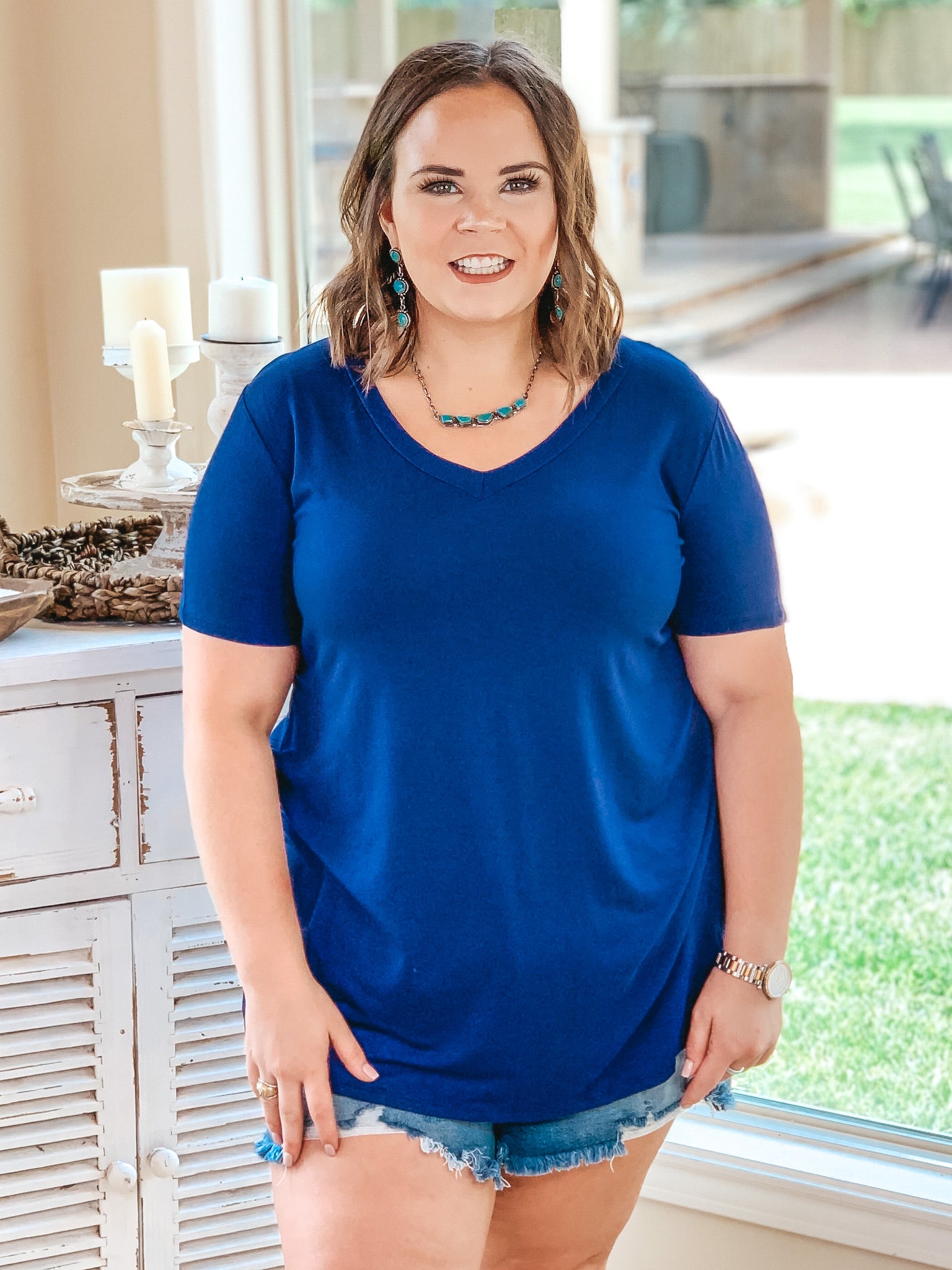 It's That Simple Solid V Neck Tee in Navy Blue - Giddy Up Glamour Boutique